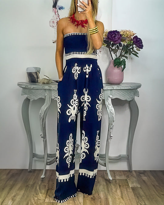 Jarró De Flores High Waist Sleeveless Printed Jumpsuit Ebony Blue