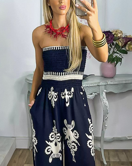 Jarró De Flores High Waist Sleeveless Printed Jumpsuit Ebony Blue