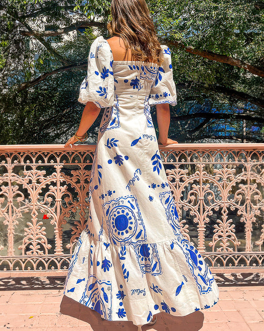 Acuarela Azul Mid-Sleeve Maxi Dress