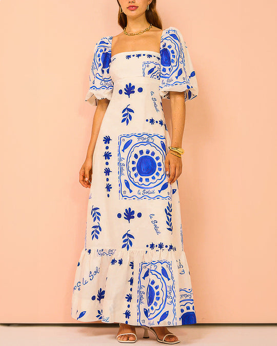 Acuarela Azul Mid-Sleeve Maxi Dress