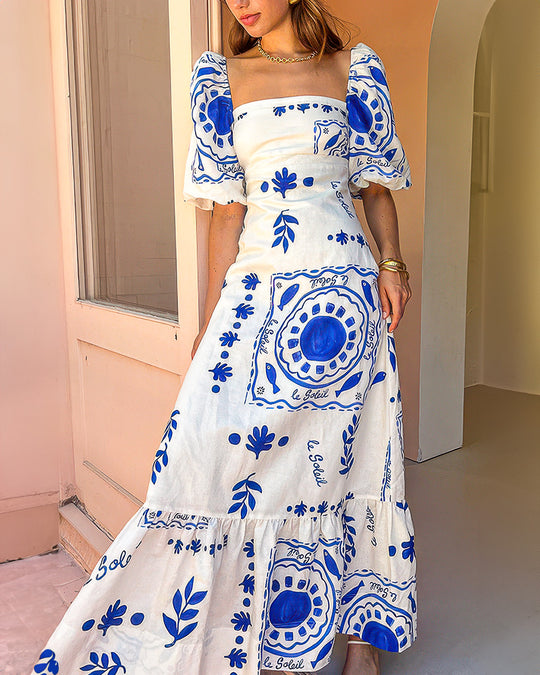 Acuarela Azul Mid-Sleeve Maxi Dress